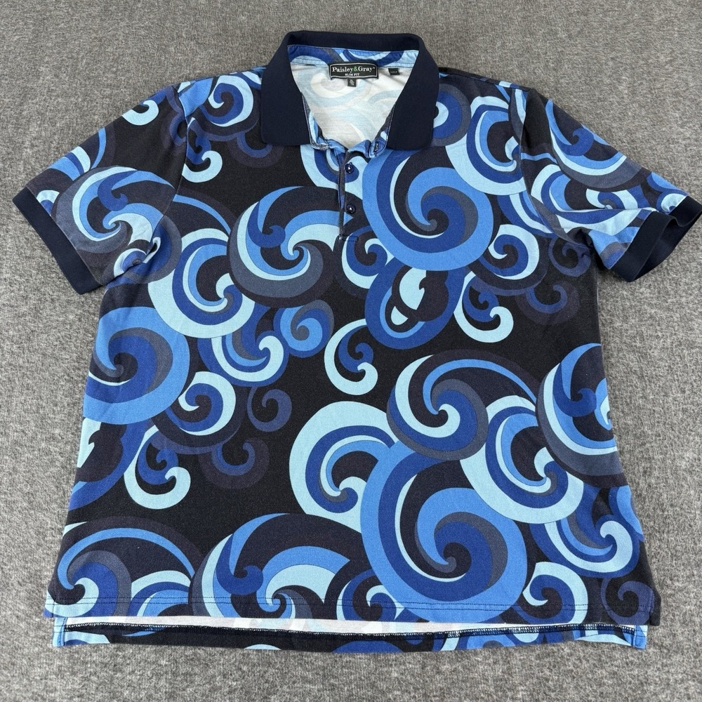 Paisley & Gray Polo Shirt XL Blue Swirl Abstract Stretch Slim Fit Golf